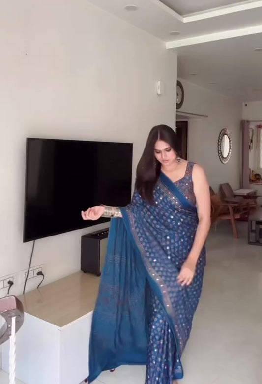Blue To Blue Lotus Jalna Ajrakh Mirror Saree