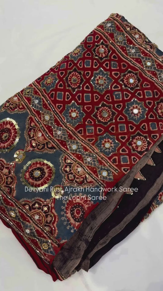 Devyani Rust Ajrakh Handwork Saree