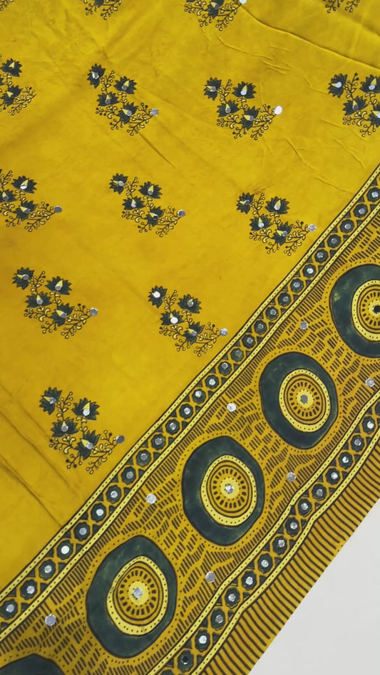 Yellow Jalebi Ajrakh Mirror Saree (Dispatch 5th, February)