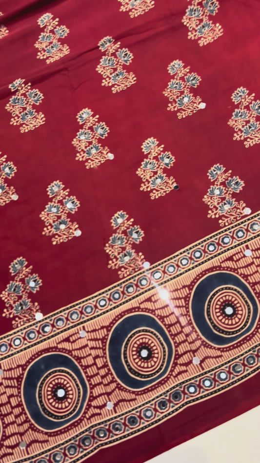 Maroon Red Jalebi Mirror Ajrakh Saree