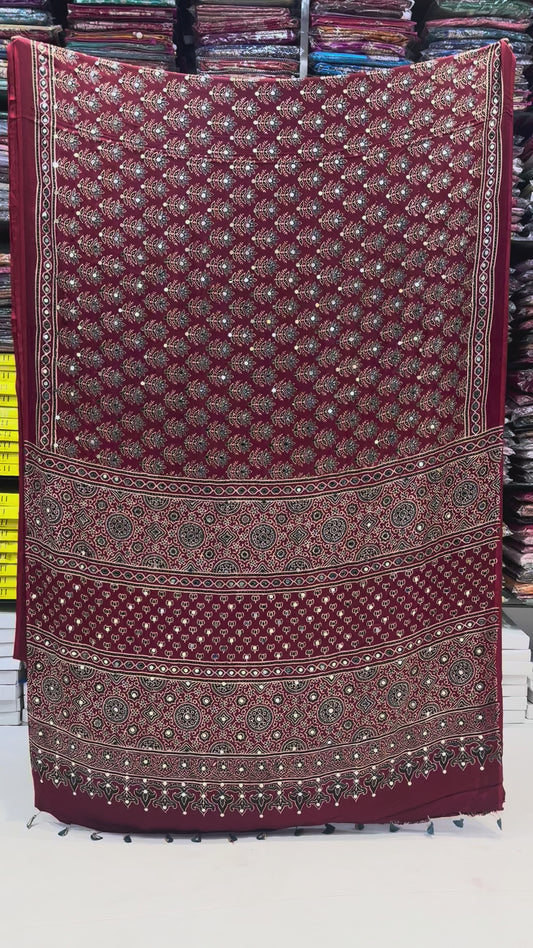 Red Grass Jalna Mirror Ajrakh Saree (Pre Order - Dispatch Starts 25th June 2026)