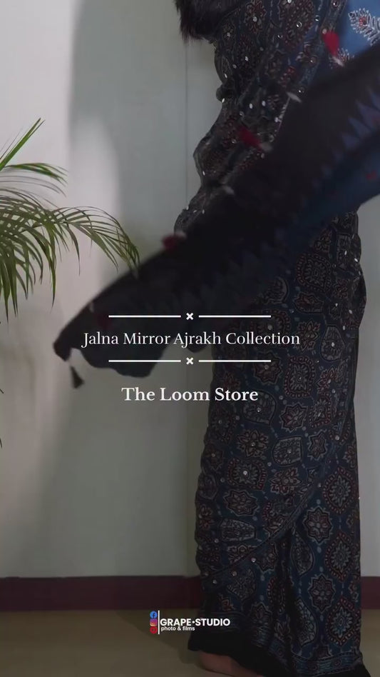 Blue Badam Jalna Mirror Ajrakh Saree (Dispatch Start Jan 15th)