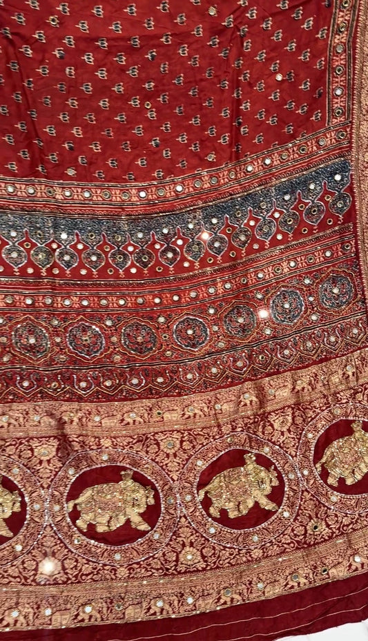 Lotus Hand Work Ajrakh Dola Silk Saree (Pre Order - Dispatch 25th March 2026)