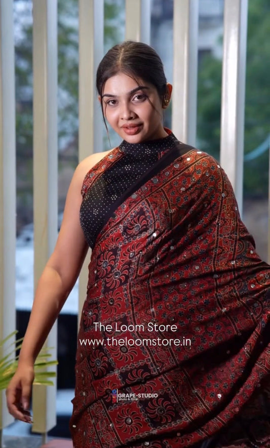 Mahima Ajrakh Mirror Work Modal Silk Saree Combo Set (Pre Order - Dispatch Starts 25th June 2026)
