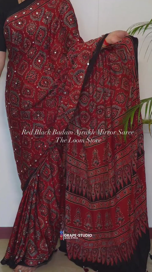 Red Badam Ajrakh Mirror Work Saree (Pre Order Dispatch Starts 20th March 2026)