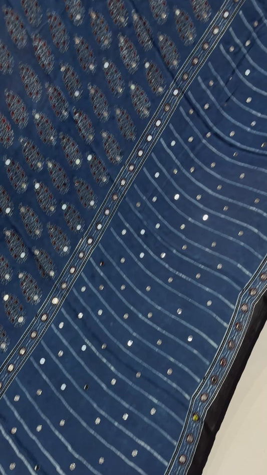 Indigo Paan Patta Mirror Ajrakh Modal Saree (Pre Order - Dispatch Starts 25th June 2026)