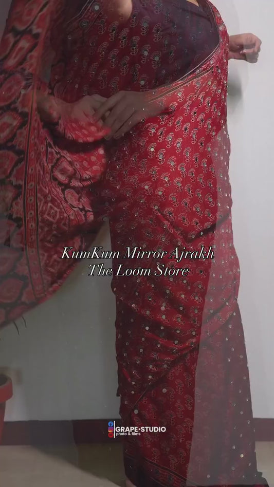 KumKum Jalna Mirror Ajrakh Modal Silk Saree (Pre Order Dispatch Jan 15th)